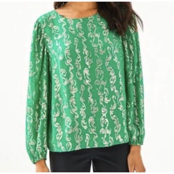 Lilly Pulitzer Tops - Lilly Pulitzer Miriam Silk Blouse Salty Waves Emerald Green Gold Metallic Size M